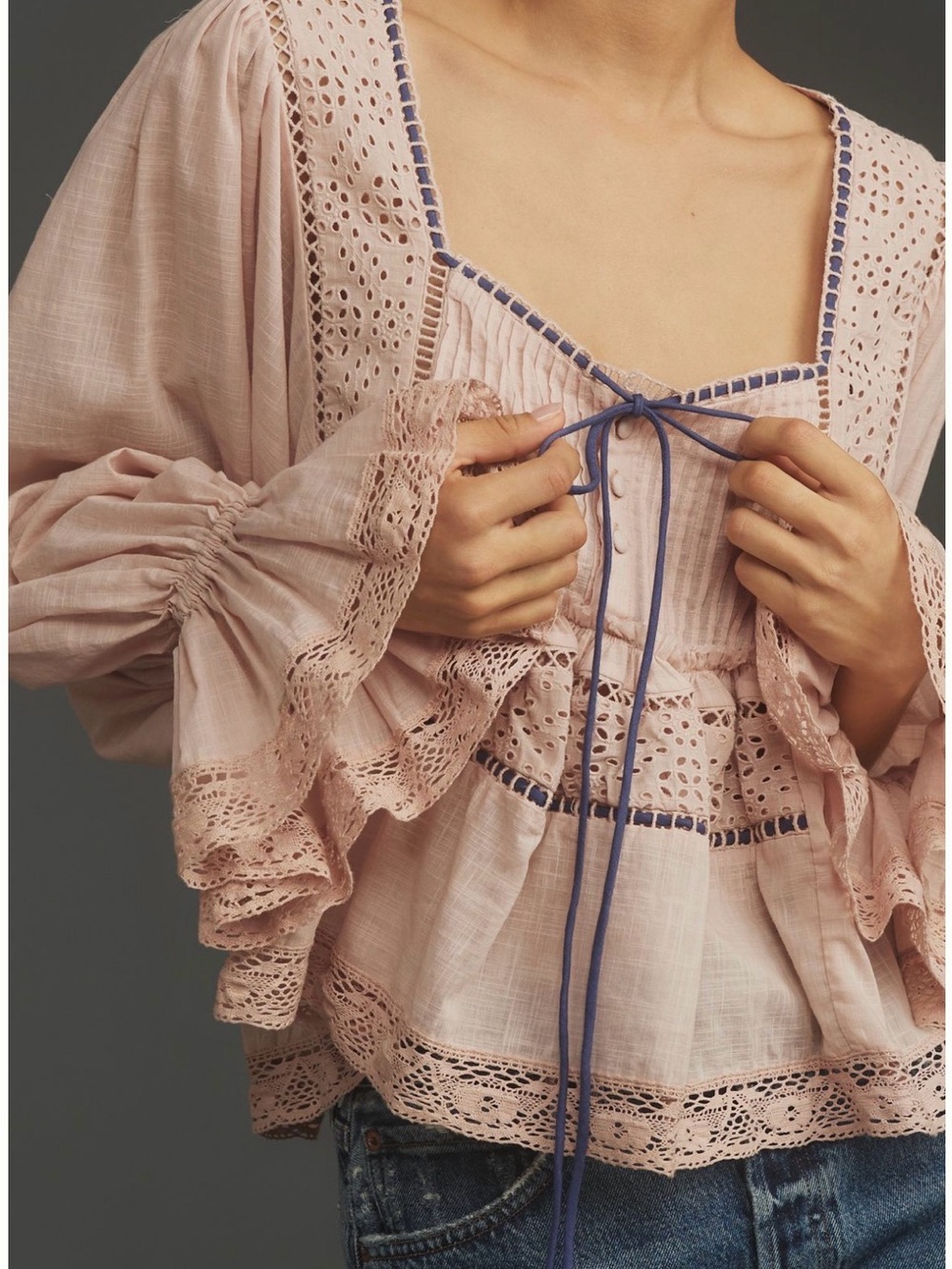 Anthropologie Woven Lace-Trim Peasant Blouse in Soft Pink